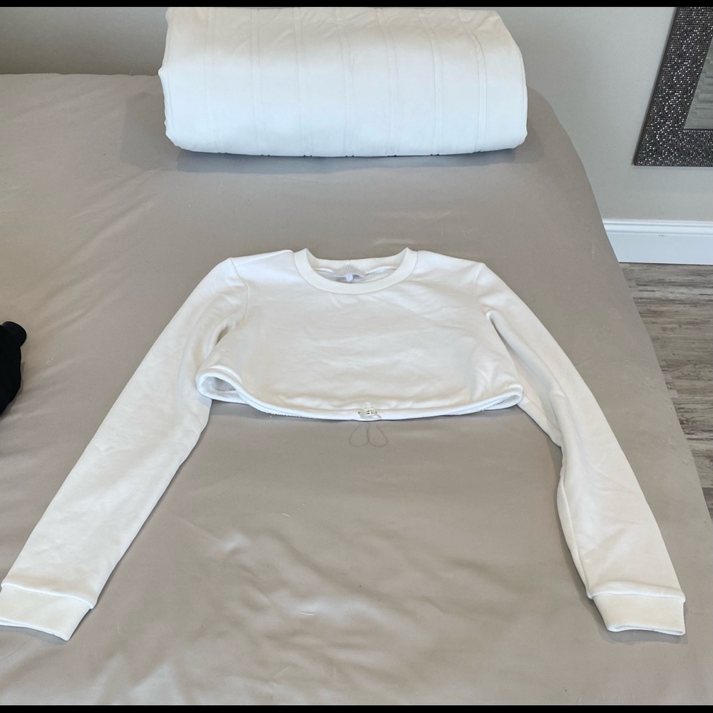 Houseofcb White Cropped Drawstring Sweatshirt Xs - image 5